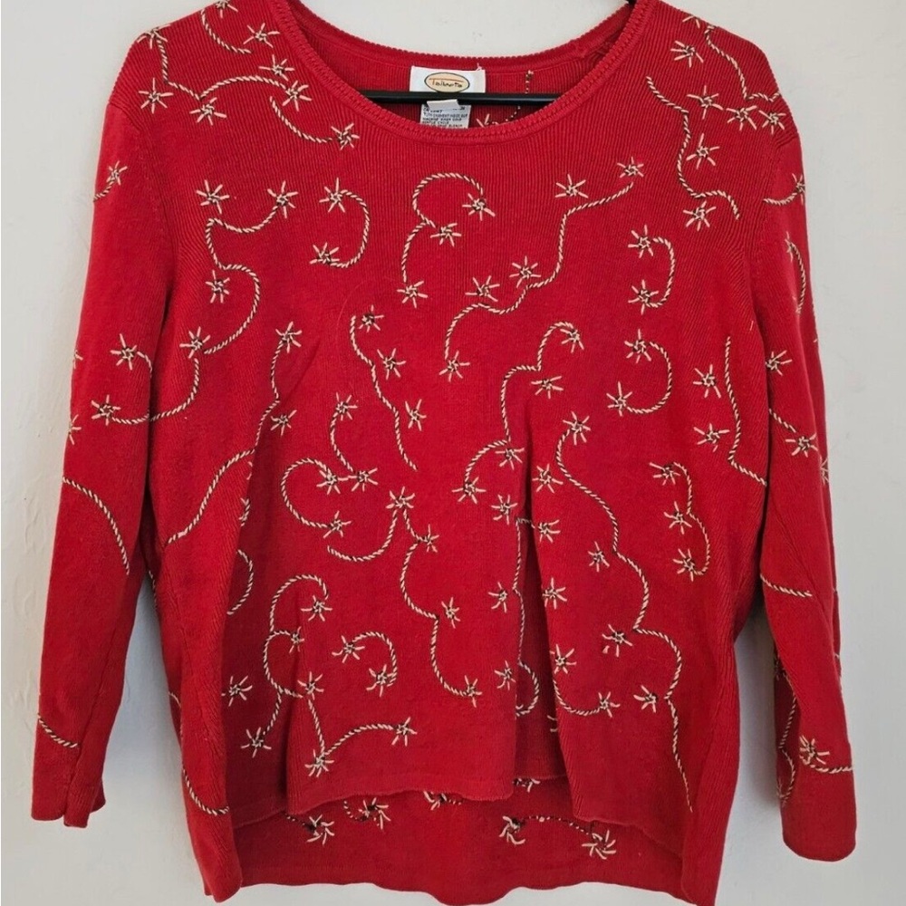 Talbots Petites 3/4 Sleeve Embroidered Sweater Red And Beige Size medium